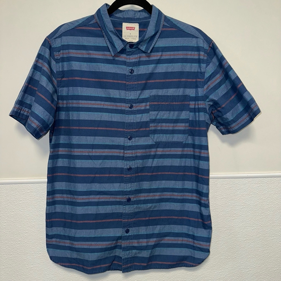 Vans Striped Button-Up Shirt Men's Size Medium Short Sleeve Blue Cotton Casual - Picture 9 of 11